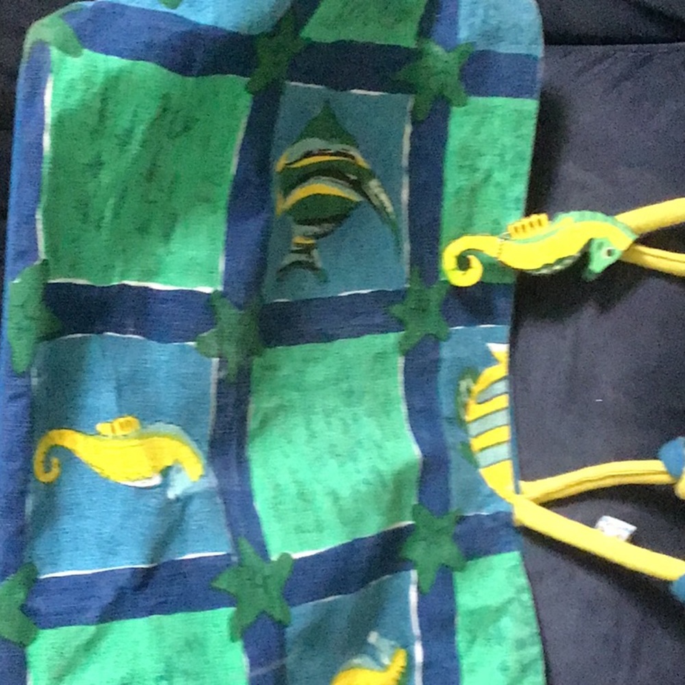 Beach bag, sun and sand, brightly colored, 19x15”.